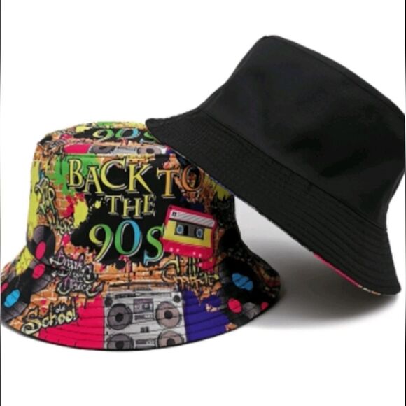 Retro Nostalgic 90S Graffitti Print Bucket Hat Double Sided - Picture 2 of 3